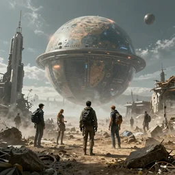 sci fi planet with people in alien landscape, hyper realistic, cyberpunk, humans
