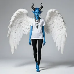 skinny blue demon, full body, white feathery angel wings, white t - shirt and black leggings, two black horns, two long pointy ears, wearing excessive jewelry, black freckles, clawed hands feet, highly detailed, dynamic shadows, 4 k, versaii