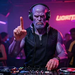 thanos is a dj at a cyberpunk rave, he's wearing headphones and telling you to hold on a sec, holding 1 finger out to signify : wait a minute