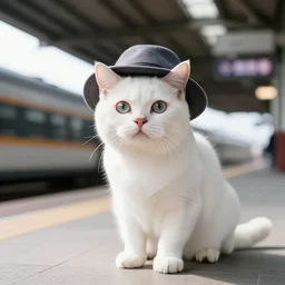 photo still of white cat with a hat a train station, 8 k, studio lighting bright ambient lighting key light, 8 5 mm f 1. 8