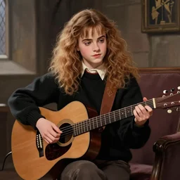 Hermione Granger/Emma Watson wearing a black sweater, playing a guitar, in the Gryffindor common room, portrait illustration by Beatrix Potter