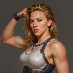 detailed portrait of scarlett johansson as a female bodybuilder zarya from overwatch showing her left bicep, attractive, beautiful, fantasy, intricate, elegant, highly detailed, digital painting, artstation, concept art, matte, sharp focus, illustration, art by aenaluck, artgerm and roberto ferri and greg rutkowski, epic fantasy, digital painting