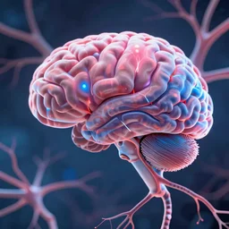 neurons firing in the brain visualized with pink and blue, detailed, render, unreal engine, anti aliased, high definition, 8k, ultra realism