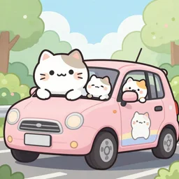 cute fat cats in cars painted in pastel