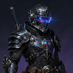 a highly detailed space pirate portrait of an interstellar criminal radiating a dark unholy aura, a divine cosmic punisher, ornate black futuristic gothic armor, intricate broken space helmet, VR iridium visor, cyber steampunk, digital painting, artstation, concept art, smooth, sharp focus, illustration, deep vibrant colors, hyperrealistic, photorealistic, trending on artstation in the style of Greg Rutkowski