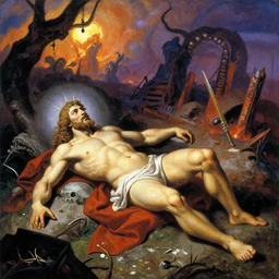 a colorful depiction of god laying waste to hell, greg rutkowski