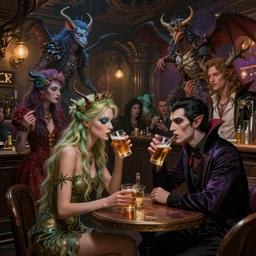 a highly detailed matte painting of a fairy getting drunk with a vampire at a busy pub filled with fantastic beings, by artgerm, by wlop, by greg rutkowski, volumetric lighting, octane render, 4 k resolution, trending on artstation, masterpiece