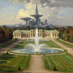 infinite dimension of the late summer palace lawns, splendorous fountains and classical architecture, by thomas cole. huge looming futuristic architecture in the distance by simon stalenhag. luminism, genre painting, romanticism, naturalism, endless, neverending epic scale, volumetric lighting
