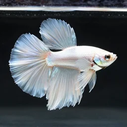 a graceful iridescent white betta fish with long swirling fins, black-water-background, traditional Chinese painting, artstation
