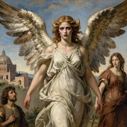 renaissance painting of a beautiful terrifying seraphim angel woman with a pretty face makeup with a roman town in the background, by frank frazetta, by charlie bowater, by magali villeneuve, j. c. leyendecker, ultra realistic, 4 k, photo realistic, volumetric lighting,