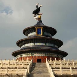 RJ doing a kickflip over the temple of heaven