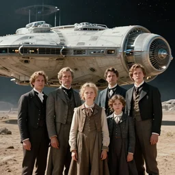 sharp focus, highly detailed, 435456k film, 1612800mm film still from a sci fi blockbuster color movie made in 2019, set in 1860, of a family standing in front of a spaceship that has just landed on an alien planet, the family are all wearing 1860s era clothes, good lighting, good photography, ultra high definition, in focus