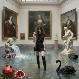 painting of flooded louvre art gallery with paintings on the wall, emo girl holding a squid and wearing long black boots, pomegranates, octopus, waterfall, stone sculpture by rodin, zen, black swans, berries, surrealist, by magritte and monet