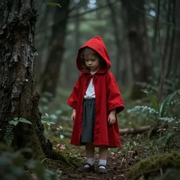 little red riding hood in a dark forest, 4k,