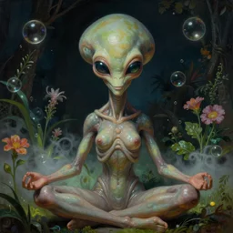 a neoclassicist close - up portrait of a big - eyed sci - fi alien woman meditating with plants and flowers in a garden at night with glowing bubbles. reflective textures. glowing fog. highly detailed fantasy science fiction painting by moebius, norman rockwell, frank frazetta, and syd mead. rich colors, high contrast, gloomy atmosphere, dark background. artstation
