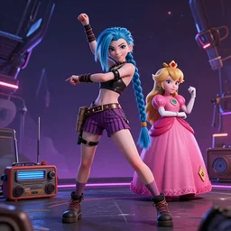 a girl like (jinx, Princess peach), dancing, background jet ground radio, fullshot, raytrayced, octane render, epic composition, intricate details, hyperrealist, dark neon punk, by pixar
