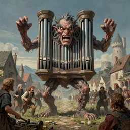 full body portrait of a grotesque pipe organ monster attacking a village by ed schaap and alan lee, symmetry, feature film style, finely detailed matte painting, angry face, screaming peasants