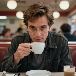 centered detailed portrait of dale cooper from twin peaks, in a diner enjoying some coffee, single character, art by jean giraud and moebius, realistic, expressive emotions, intricate textures
