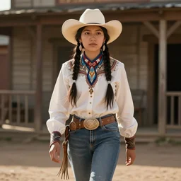 A young Native American female cowboy, walking through a Wild West town