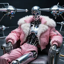beautiful fantasy character portrait the terminator robot, wearing pink puffy bomber jacket with white fur, seductive reclining pose, futuristic chrome drones, ultra realistic, dramatic lighting, robots, the fifth element artifacts, highly detailed by peter mohrbacher, hajime sorayama, wayne barlowe, boris vallejo, aaron horkey, gaston bussiere, craig mullins
