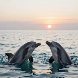 Dolphins playing in the water and smiling in the background sunrise