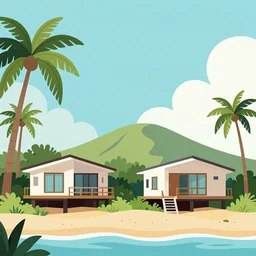 modern bungalows on island resort beach, tropical summer landscape with houses on piles with terrace, palm trees, vector art, flat art