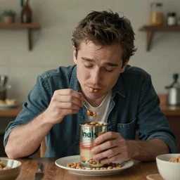 michael cera, eating can of beans, sadly, cinematic, 8 k, wide angle, impact frame, greg rutkowski, intricate, trending on artstation
