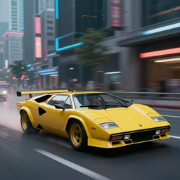 a 1 9 8 5 lamborghini countach, akira style, racing fast around a cyberpunk city corner