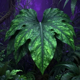 highly detailed over dimensional green leaves that are not from this world with black vaines, fantasy jungle, photorealism, unreal engine, purple hue