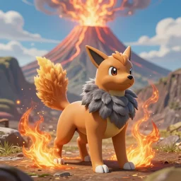 a beautiful earth and fire type pokemon, brown dog with fluffy grey feathers, full body shot, highly detailed digital art, 3 d perspective, award - winning illustration, aesthetic, epic, smooth, pokemon style, made by greg rutkowski, with bursting volcano mountains landscape in the background