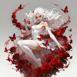 anime girl with white curly hair wearing white clothes surrounded by red butterflies and red roses, concept art, dynamic pose, digital illustration, trending on artstation, intricate details, epic composition, sharp focus, 8 k uhd, masterpiece, league of legends splash art