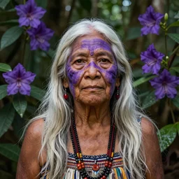 a beautiful portrait of an indigenous old woman healer with white long hair in the amazon jungle surrounded by purple flowers of brunfelsia grandiflora, purple face paintings, matte painting, by christophe vacher
