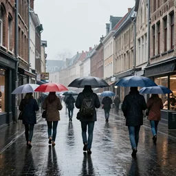 vise, belgium under rain, people with umbrellas, wet roads, hyperdetailed, artstation, cgsociety, 8 k