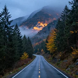 a lonely mountain road during fall, light rain, blue hour, foggy, pine trees, mountainous