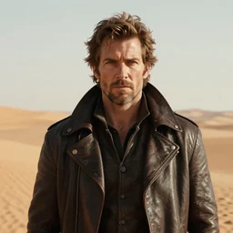 raider wearing a leather duster in the middle of a desert, stunning portrait headshot, award-winning scifi digital art