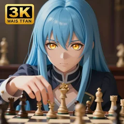 beautiful rimuru playing chess, with amber eyes of golden colored eyes, straight hair, sky blue hair, long bangs, high collar, concept art, award winning photography, digital painting, cinematic, by wlop, anime key visual, wlop, 8 k, by ross tran, tom bagshaw, andy warhol
