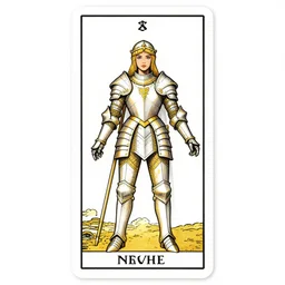 tarot card, beautiful paladin woman in white and gold armor, central design, black line, red details, high detail, ornate, circular elements, beautiful composition, style by frank frazetta, decorative elements