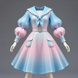 designer vinyl figure collection ball shaped accordion sleeve haute couture, sailor uniform, midi skirt, coat, synthetic curves striking pose, dynamic folds, cute pockets, volume flutter, youthful, modeled by modern designer bust, body fit, award fashion, picton blue, petal pink gradient scheme, holographic tones, expert composition, professional retouch, editorial photography