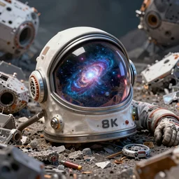 a space helmet lying on the ground surround by space ship rubble, and the universe is inside his helmet, 8 k, hyper realistic digital art, coherent, vibrant colors