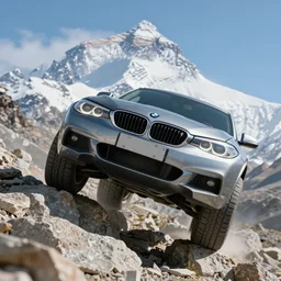 bmw with eyes and legs instead of wheels climbing everest. highres, konika, photorealistic, 3 d