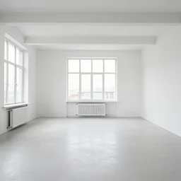 an empty nordic loft with a stand in the middle, all in white, natural light, aesthetic nordic mood