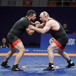Volodymyr Zelenskyj fighting Vladimir Putin in a wrestling match