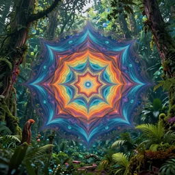 lush rainforest wonderland dmt tripping, sacred geometry by ivan aivazovsky and jean giraud, coherent, psychedelic, hyper realism, high detail, vivid colors, octane render, unreal engine, 8 k, smooth gradients, high contrast, depth of field by jacek yerka