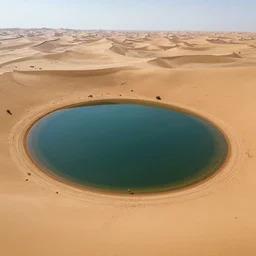 drone view of realistic photo of beautiful small lake in the middle of desert, wide angle shot, very sharp focus, award winning masterpiece art, hyper realistic, concept art, 8 k detail post - processing
