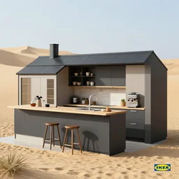 IKEA catalogue photo, high end farm house style kitchen, sand dunes, coffee machine, by Beksiński