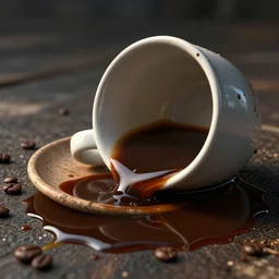 : sloppy old  cup of coffee spilling everywhere unrealengine ,cinematic, hyper realism, high detail, octane render, 8k
