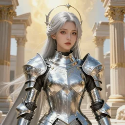 portrait knights of Zodiac girl, metallic Silver and ice color reflected armor, in ruined Agora of Athens, ssci-fi, fantasy, intricate, very very beautiful, elegant, golden light, highly detailed, digital painting, artstation, concept art, smooth, sharp focus, illustration, art by WLOP and tian zi and alphonse mucha