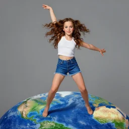 beautiful lifelike painting of hannah montana dancing on a scale model of flat earth, hyperreal detailed facial features and uv lighting, art by ed roth and basil wolverton