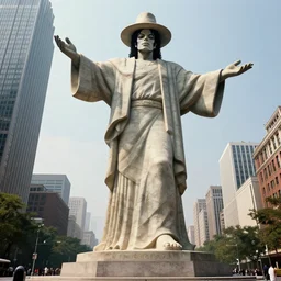 extremely massive, huge, 3 d rendered, godly stone statue, ruler, landmark of michael jackson billie jean pose, with hat, centre piece of city full wide shot, full body, massive motion blur, real life, spotted, leaked, ultra realistic, accurate, sighting, 4 k, movie still, uhd, sharp, detailed, cinematic, render, modern