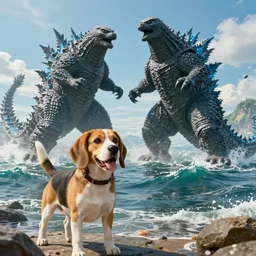masive 1 0 0 meters beagle dog versus godzilla over the sea, epic cinematic, 4 k, very high detail